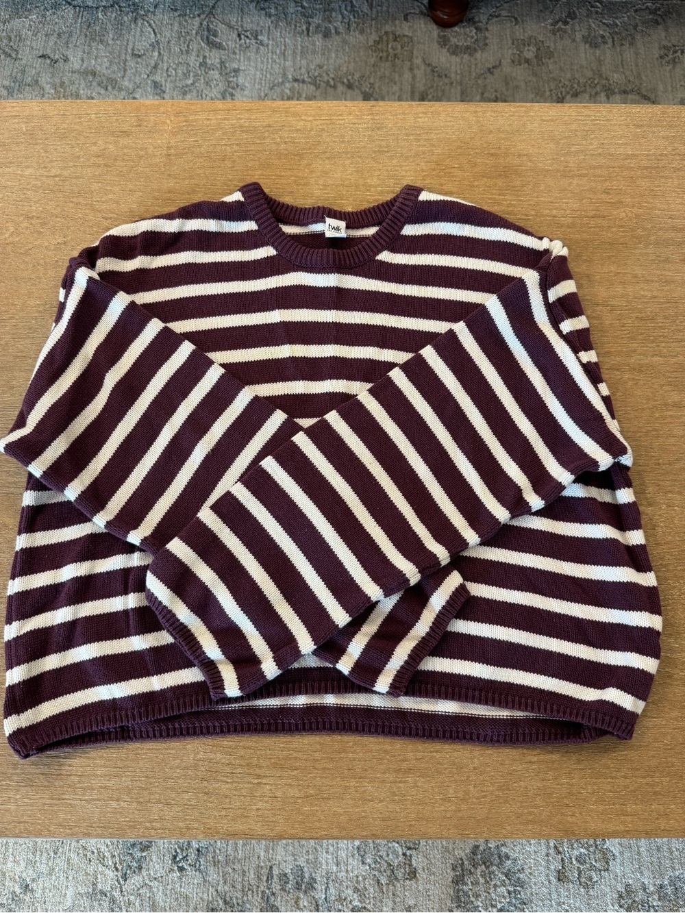 Women's Maroon and Cream Striped Crewneck Sweater